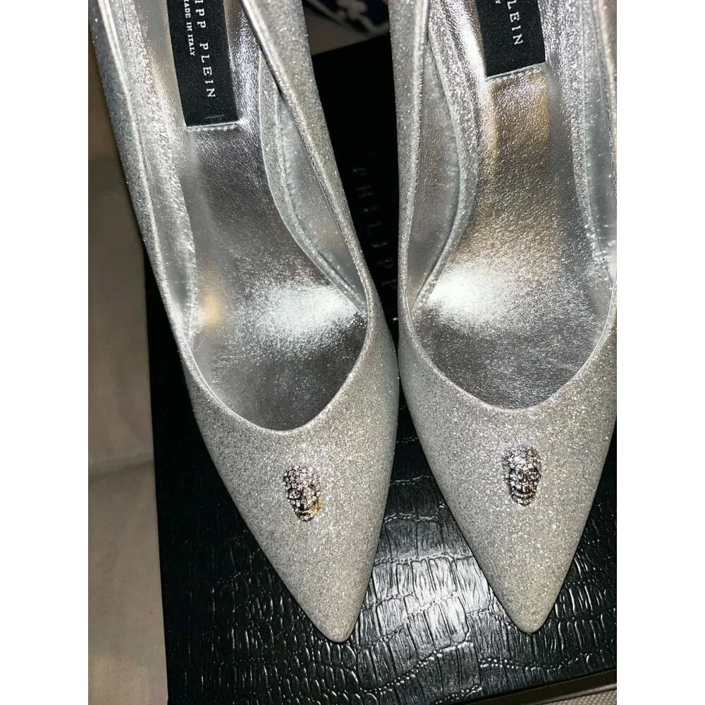 NIB $880 Philipp Plein 120mm Glitter Decollete Pumps Silver Size 9